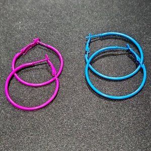 2 Pairs Purple & Blue Brand NEW Large Colorful Hoop Hinged Earrings Big Hoops
